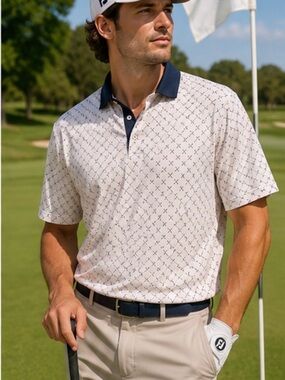 Men's White Polo with Navy Contrast Collar and Micro Pattern